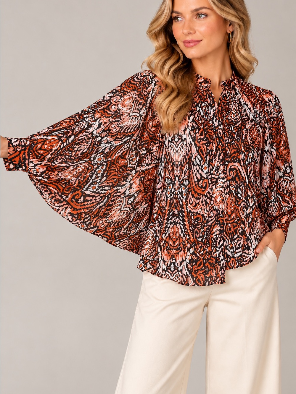 eesome Printed Flutter Sleeve Blouse in Rust and Cream